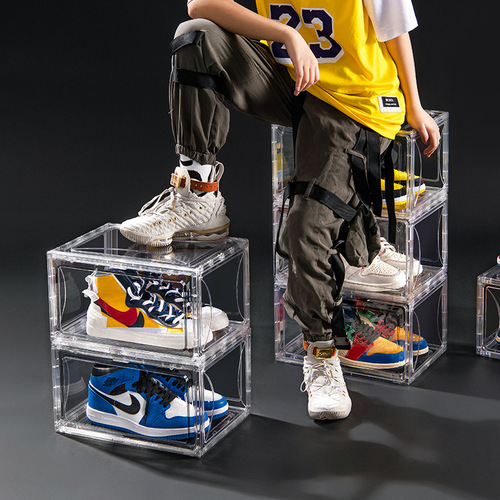 Acrylic heightened side-opening transparent shoe box for sports shoes large shoe cabinet storage dustproof magnetic plastic wholesale