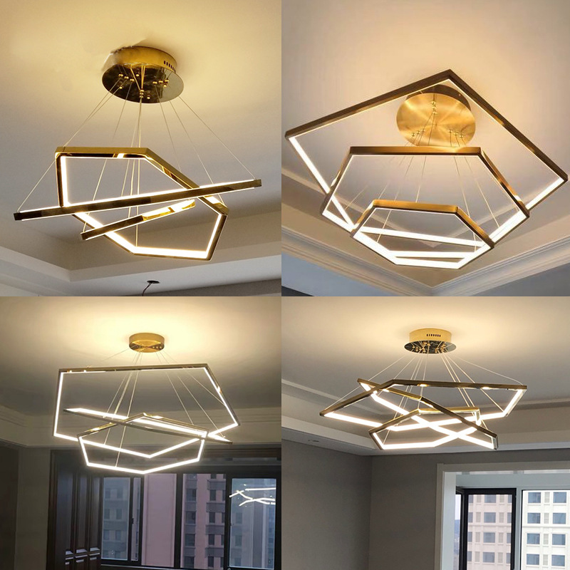 Lámpara hexagonal lujosa geometría moderna candelabros de sala de estar 2023 hexagonal principal acero inoxidable simple y ligero después de la moderna inoxidable