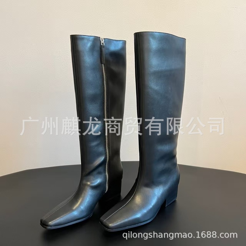 高端小众新款简约真皮方头复古高筒靴粗跟侧拉链高跟不过膝长靴女|undefined