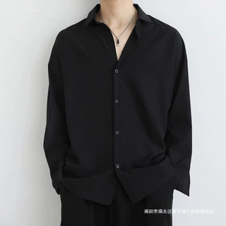 夏季男士衬衫男免烫黑色外套薄款高级垂感长袖潮流休闲衬衣男潮流
