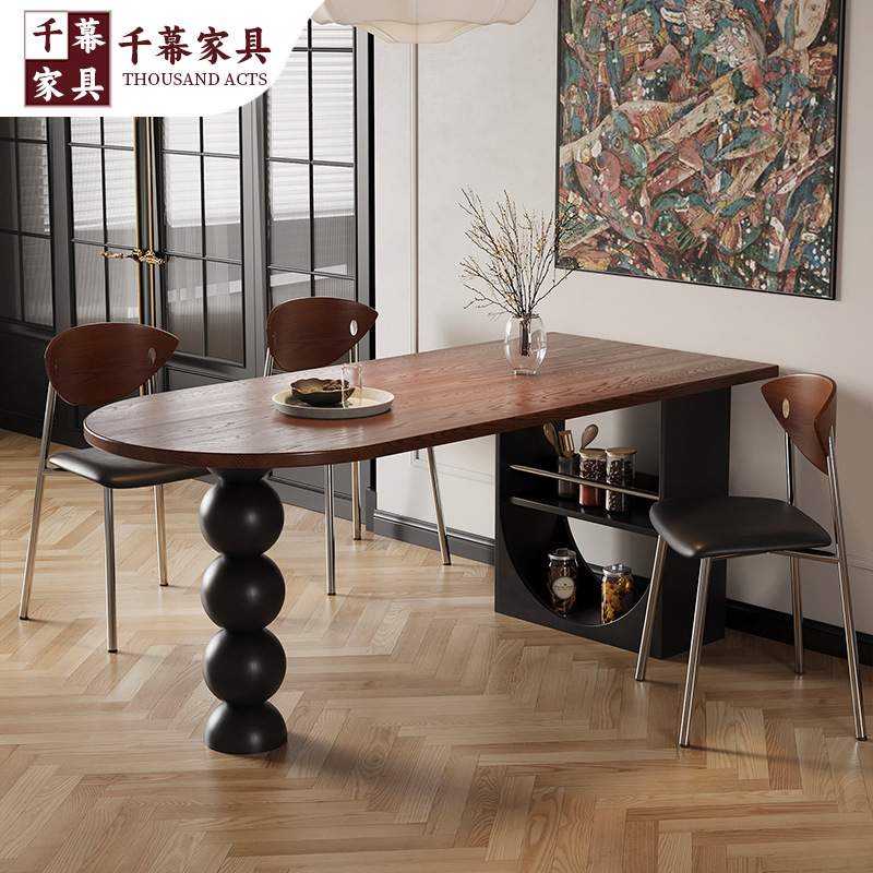 Qianmu French-Style Retro Dining Table, Solid Wood Semi-Circular Table and Chairs, Vintage Home Dining Table, Wall-Mounted Island Table, Retro Desk