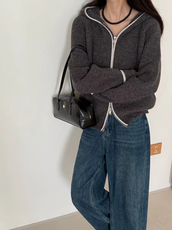 连帽双拉链毛衣外套女2025秋冬新款韩系撞色边针织开衫小个子穿搭|undefined