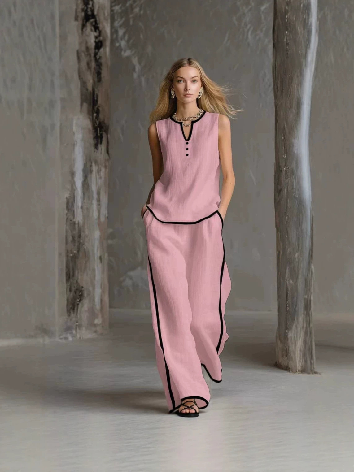 Summer Women's Sleeveless V Neck Color Block Wide Leg Pants Set Style Casual Fashion Solid Two Piece_ecoleips.com