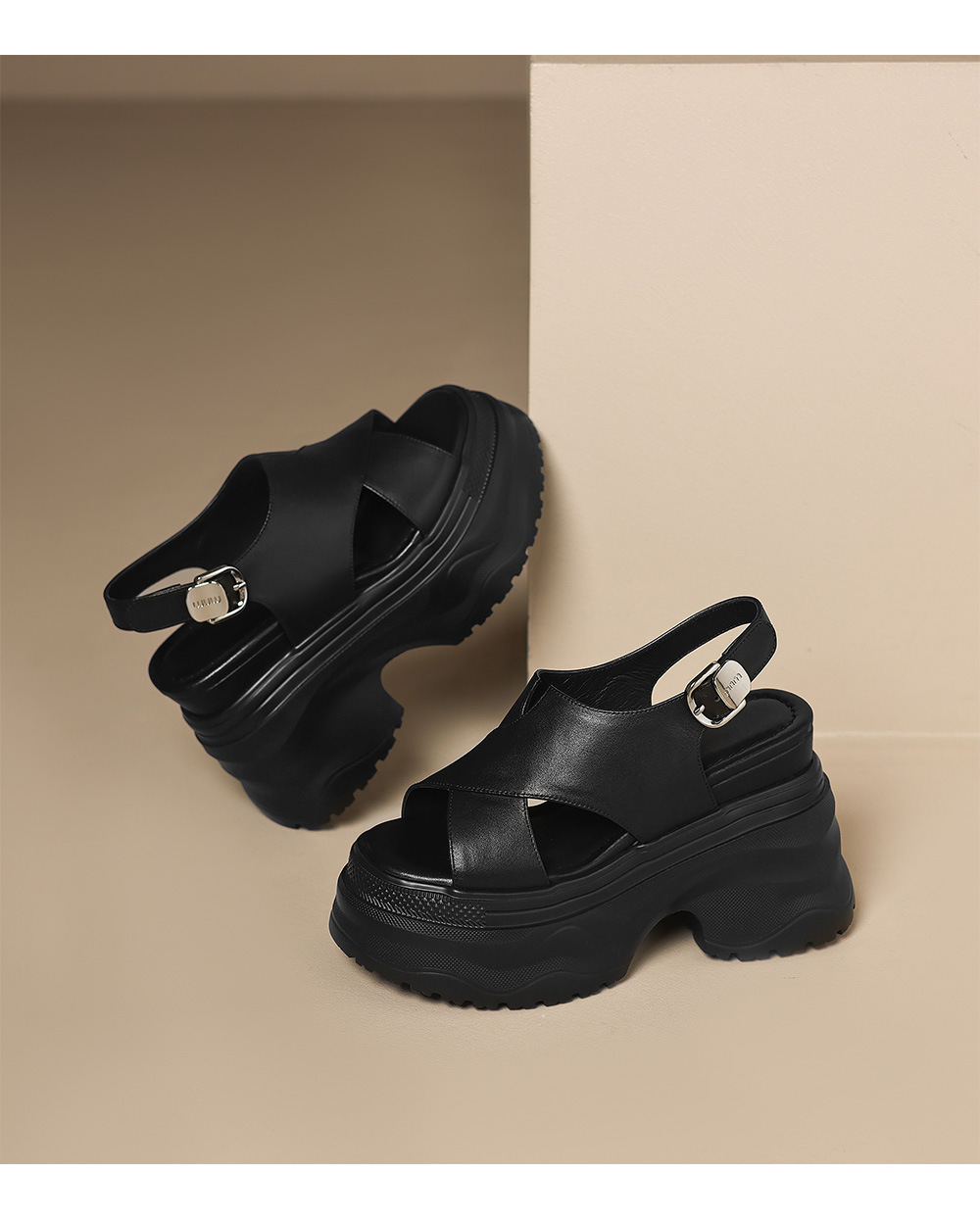 Sandal nữ da bò cao gót 12cm đế xuồng tăng chiều cao mùa hè — màu đen, màu trắng ngà chi tiết 17