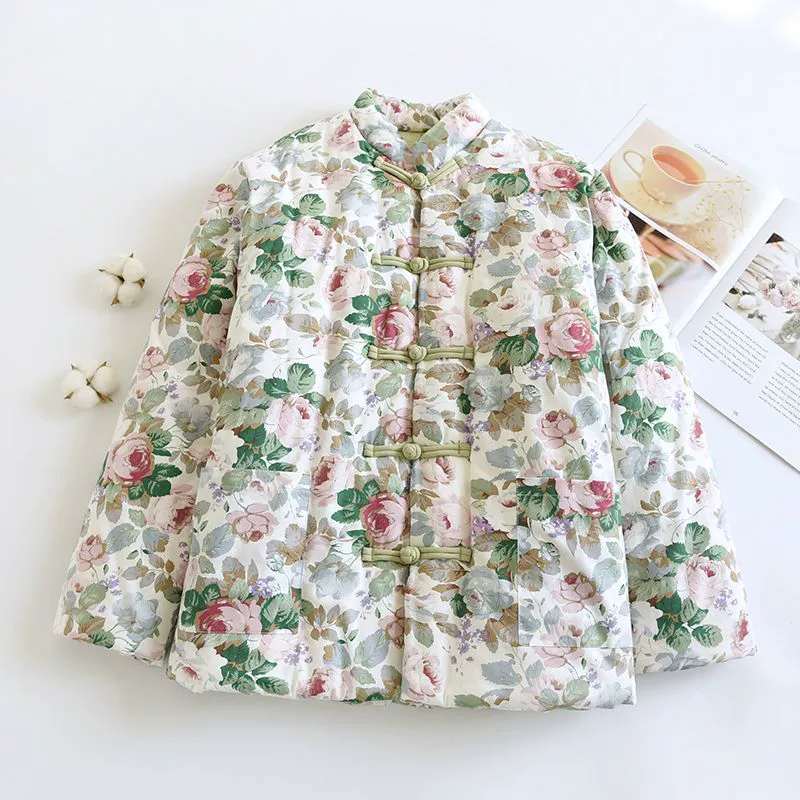 Цветочная хлопчатобумажная одежда женская зимняя одежда мама толстая теплая короткая хлопковая куртка для пожилых людей, носящая хлопчатобумажную одежду снаружи