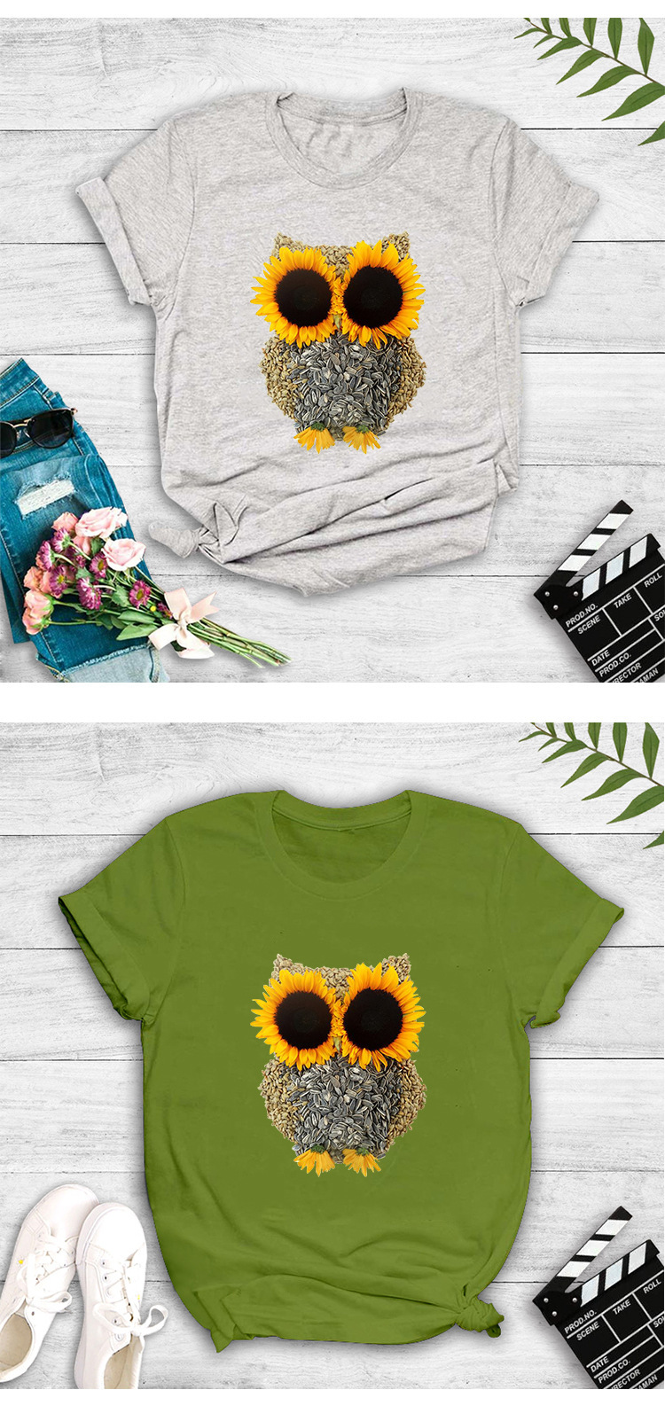 creative sunflower big-eyed owl print T-shirt  NSYIC56430