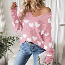 欧美跨境亚马逊时尚外穿针织上衣女宽松镂空套头v领爱心毛衣
