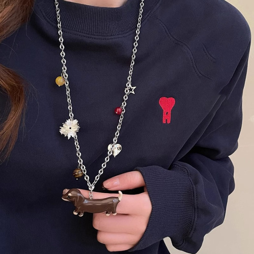 Cute Cartoon Ceramic Stone Plastic Dachshund Necklace for Women Autumn and Winter Cute Retro Sweater Chain Long Sweater Chain Accessories
