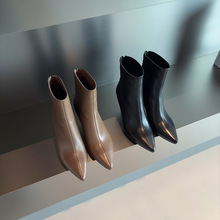 精致女人~法式复古尖头细跟小短靴女头层牛皮气质高跟时装瘦瘦靴