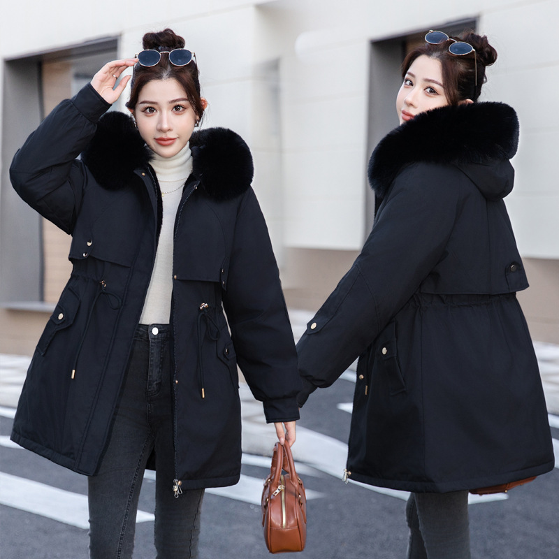 Cuello de cabello para superar la chaqueta de algodón de invierno femenino con lana y chaqueta de algodón gruesa, chaqueta de algodón media y larga