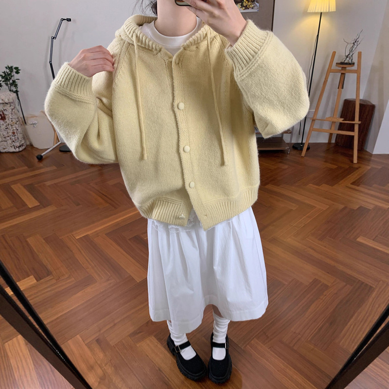 韩系加厚纯色连帽毛衣外套女复古秋冬新款显白百搭慵懒针织衫上衣|undefined