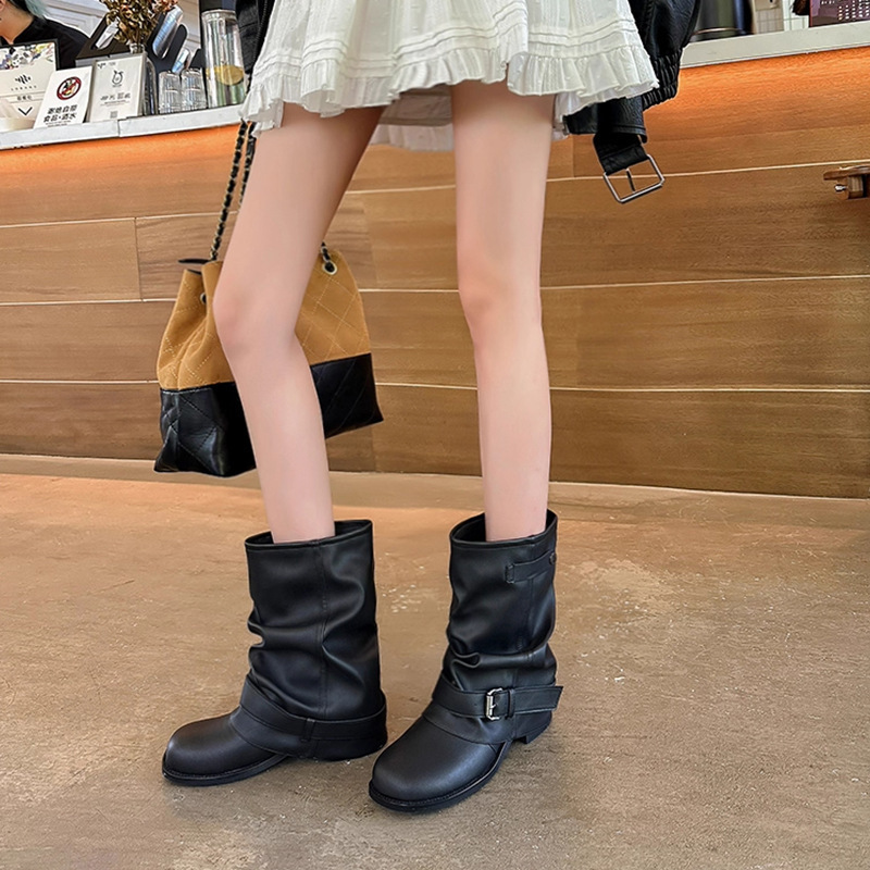 西部牛仔裤管短靴女2025新款秋季粗跟褶皱堆堆靴复古英伦风马丁靴|undefined