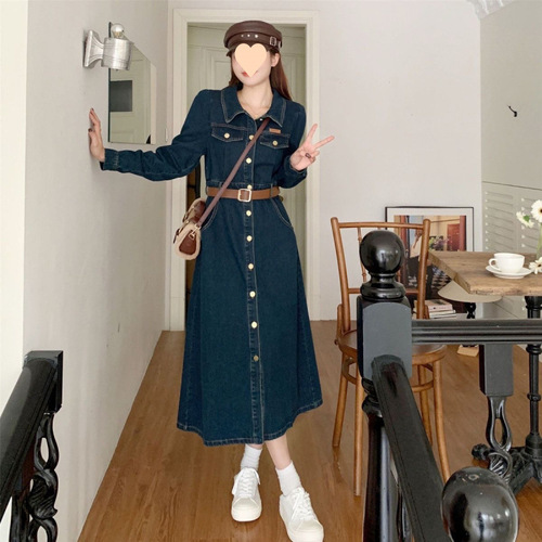 Large size retro collar, long-sleeved denim dress, women's spring new dress, fat cover the belly and show slimming