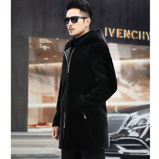 Cross-Border Men's Mink Fur Coat, Imitation Shearling Jacket, Men's Hooded Mid-Length Casual Trench Coat, Middle-Aged Jacket, Trendy