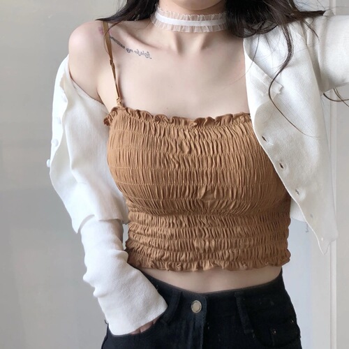 Beautiful back lace suspender bra wrapped around the chest to wear Korean style fungus lace pleated sexy bottoming with breast pads tube top for women