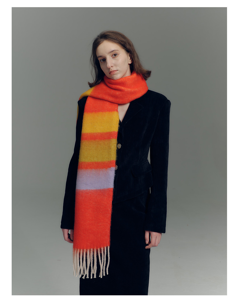 Designer-Schal mit Fransen aus Kaschmirimitat in Regenbogenfarben mit passenden Streifen für Damen im Herbst-/Winter-Stil mit weichem, verlängertem Halsausschnitt_voghion.com