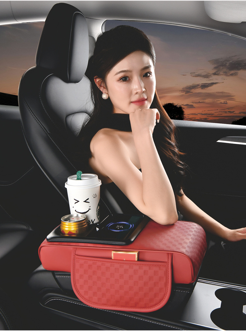 15W Wireless Charging Car Armrest Box Pad Storage Multifunctional Heightening Pad with Integrated Wireless Fast Charging for Mobile Phones