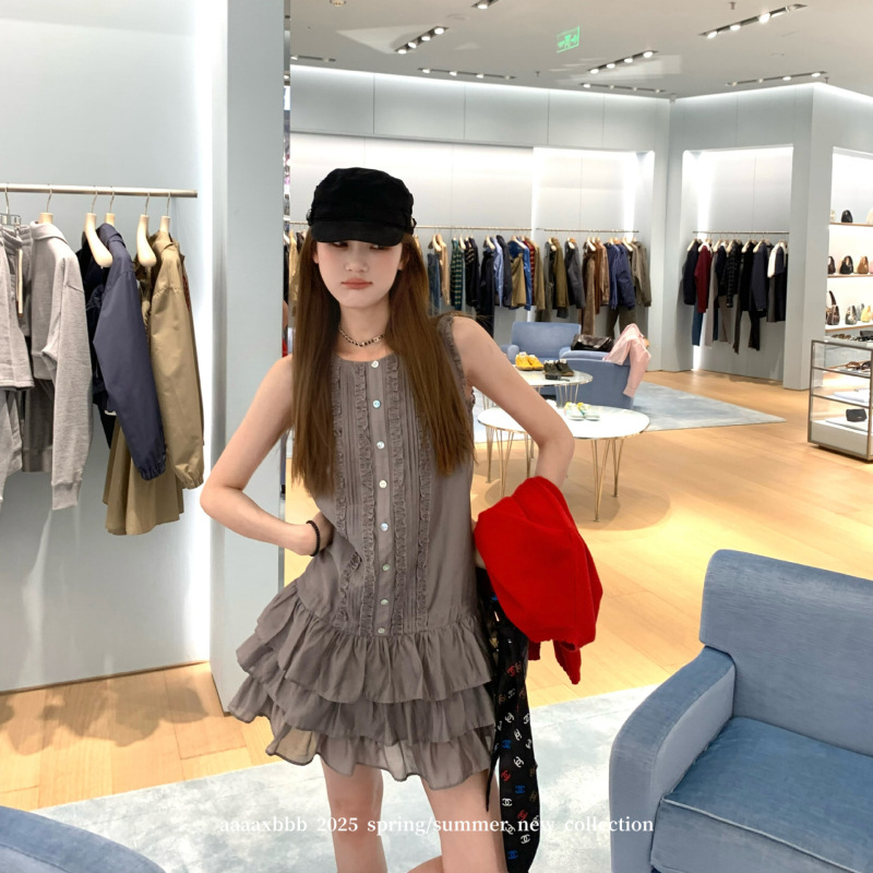 axbbb 大吉岭山茶花 90天丝连衣裙立体花边裙摆圆领套头短裙女|undefined