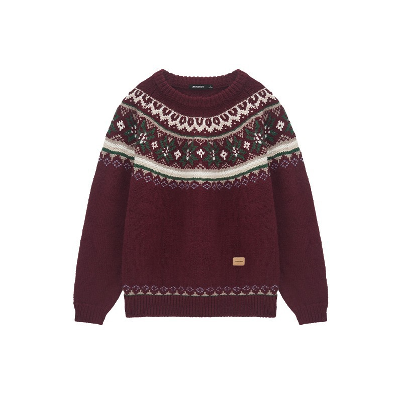 Men's Clothing Men's Jacquard Knit Sweater With Retro Color Block Design - Comfortable Round Neck Pullover For Casual Winter Wear_voghion.com