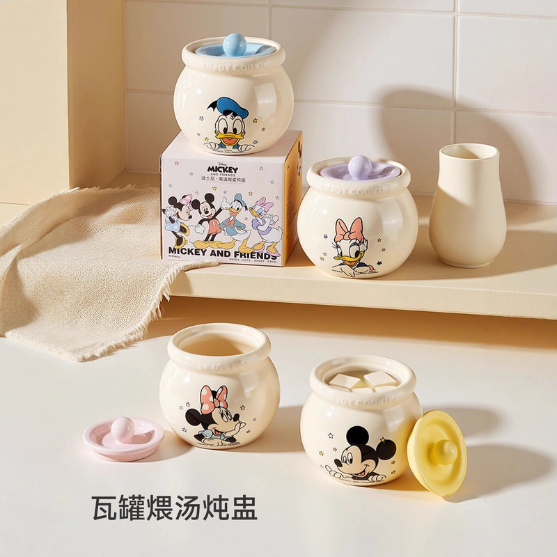 Mickey Series Ceramic Retro Pots, Food-Grade High-Temperature Resistant Crock Pots, Underglaze Colored Household Egg Steaming Cups, Disney