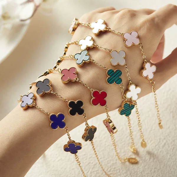 Cross-Border New Titanium Steel Five-Flower Four-Leaf Clover Bracelet for Women Ins Mother-Of-Pearl Good Luck Versatile Bracelet Chain Beads