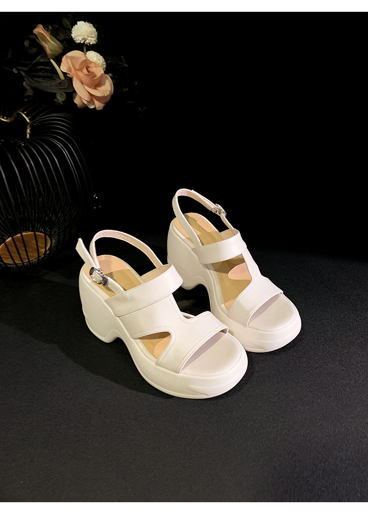 Sandal cao gót nữ hở mũi đế xuồng phong cách La Mã — màu đen, màu trắng ngà chi tiết 14