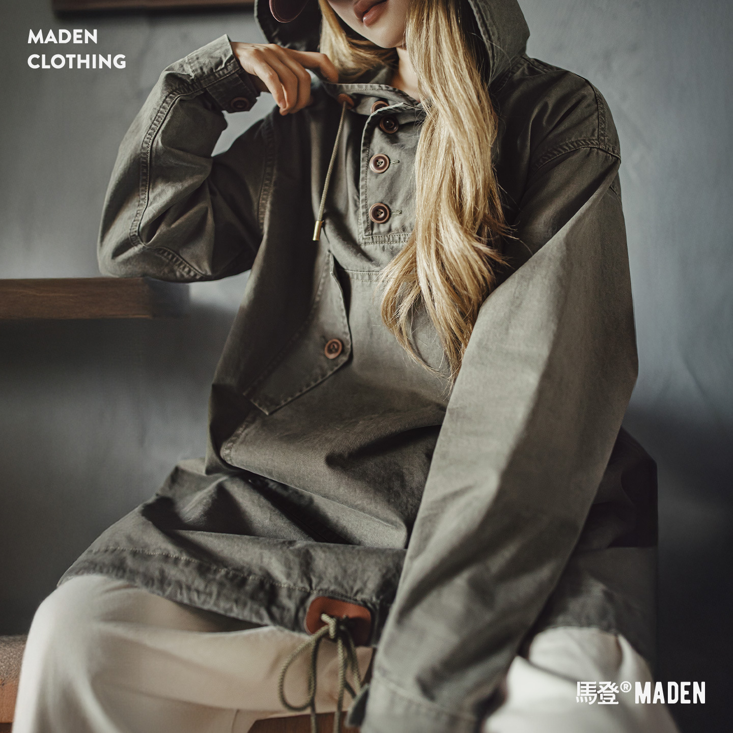 Maden Army Green Washed Mid-Length Loose Cotton Pullover Hooded Workwear Windbreaker Dress Jacket Women's Autumn