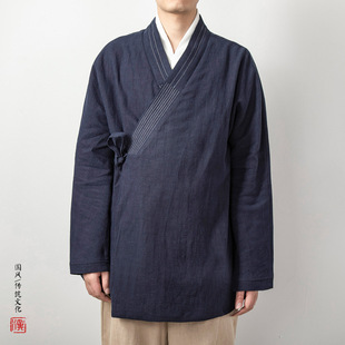 2023 autumn and winter New Chinese style men's cotton linen linen retro trendy Hanfu mid-length cotton linen robe coat