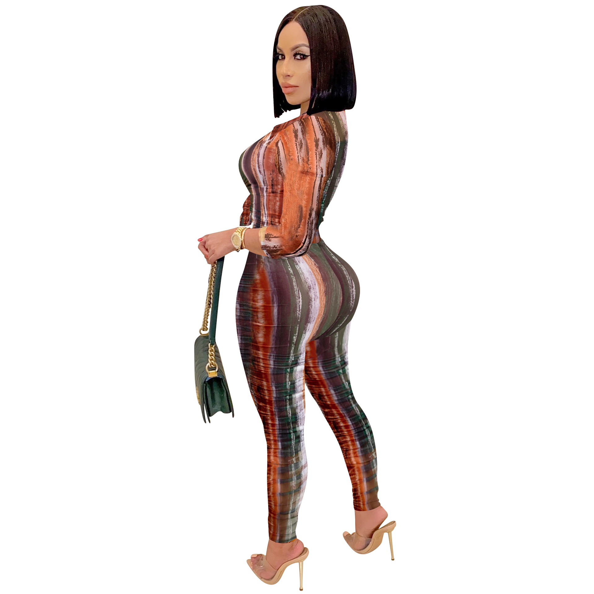 digital printing V-neck long-sleeved shirt trousers set nihaostyles clothing wholesale NSXYZ81564