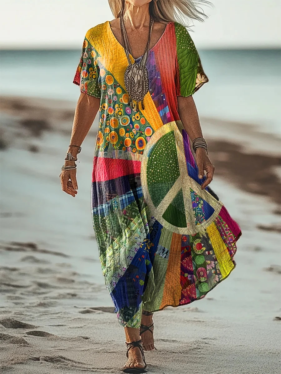 Creative Floral Women's Summer V-Neck Short Sleeve Dress, Midi Dress_ecoleips.com