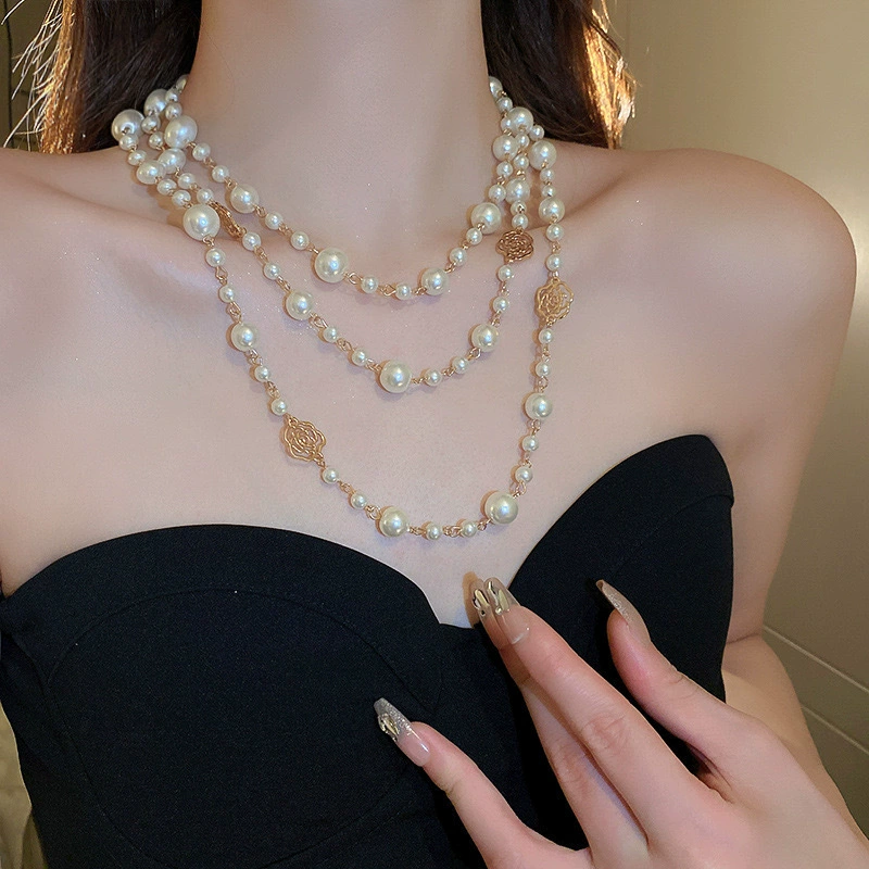 Long Pearl Necklace, Four-Leaf Clover Charms, Sweater Chain Style, 1.5 m Options