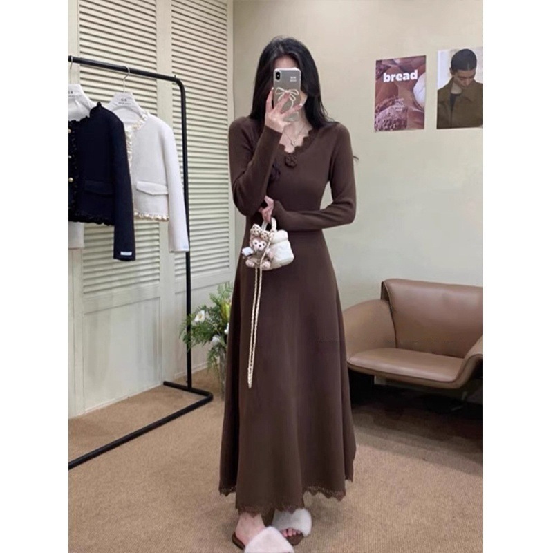 法式气质V领拼接蕾丝裙针织连衣裙女秋冬季新款过膝打底毛衣长裙|undefined