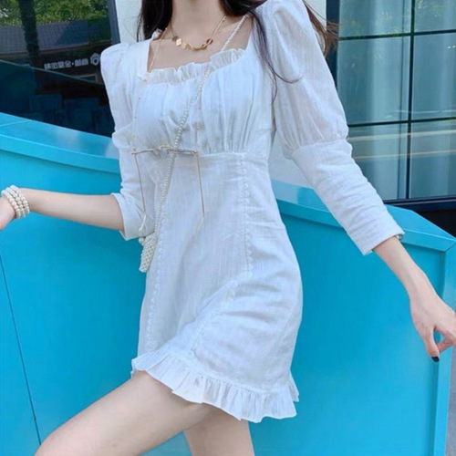 White summer dress for petite women: sweet, elegant layered look with a square neckline, fitted waist, and high-waisted design featuring ruffled edges.