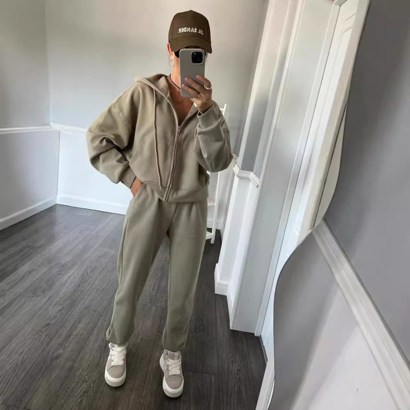 Amazon Cross-border Casual European and American Women's suit Solid Color Long-sleeved Zipper Hoodie Elasto Two-piece Set Amazon Cross-border Casual European and American Women's suit Solid Color Long-sleeved Zipper Hoodie Elasto Two-piece Set