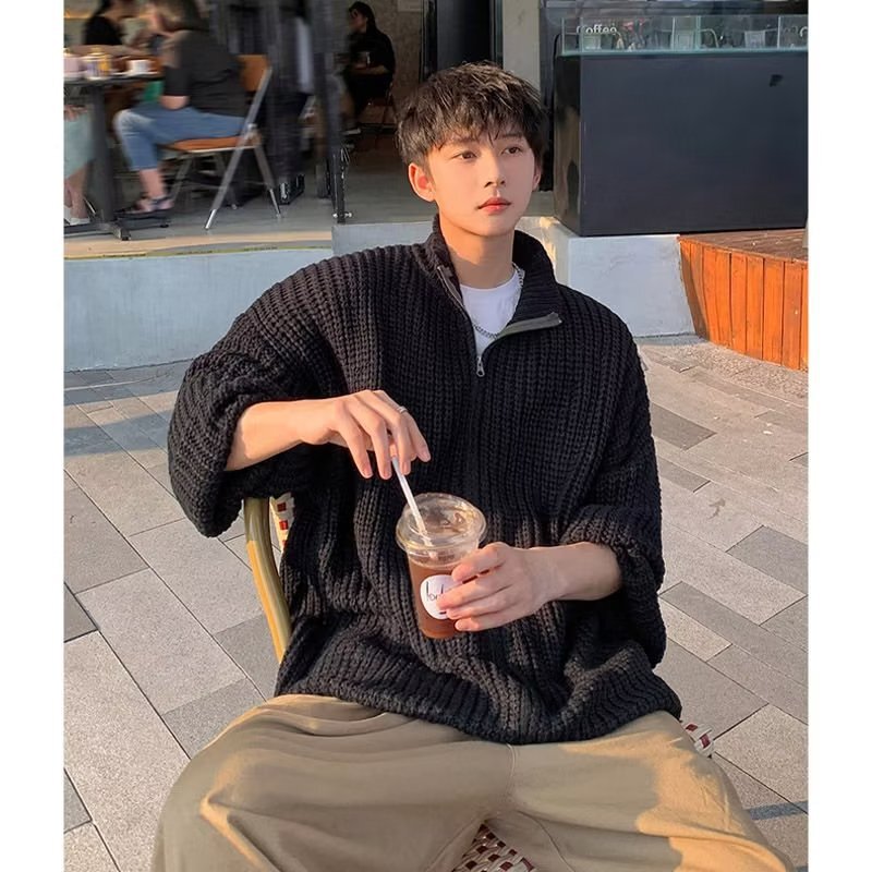 2023 pure black thick zipper cardigan sweater men's lazy style high-grade sweater half turtleneck coat