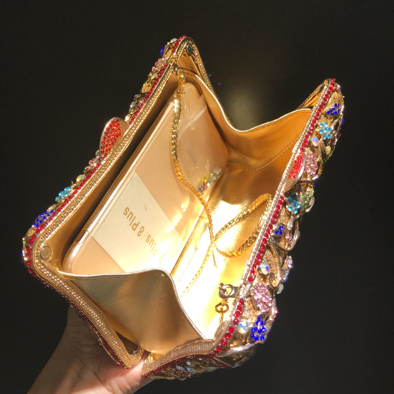 Túi clutch nữ đính kim cương hoa mẫu mới, cầm tay dạ hội màu vàng — Màu vàng chi tiết 3