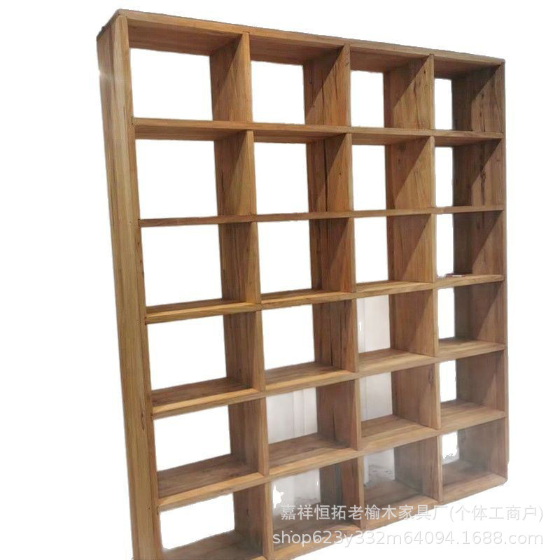 满墙老榆木格子书架实木书架书柜落地货架原木靠墙置物架展示架|undefined