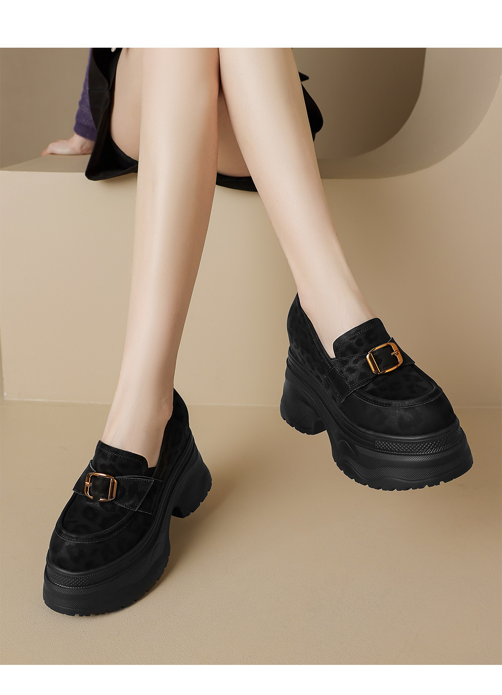Giày loafer nữ đế xuồng họa tiết báo khóa kim loại tăng chiều cao — đen, nâu đen chi tiết 11