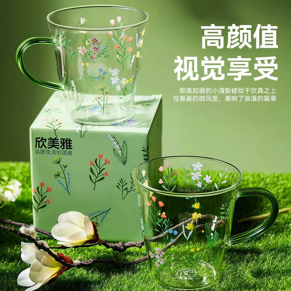 2025高颜值玻璃杯耐高温果汁茶杯家用办公咖啡杯带把水杯套装批发