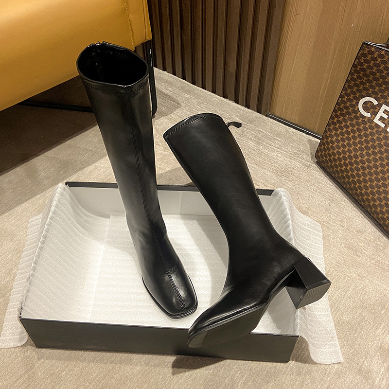 2024 Brown Long Boots Women's Thick Heels Square Head Slim and Tall Tube Thick Legs Knight Boots Elastic Long Tube Spring and Autumn Style_voghion.com