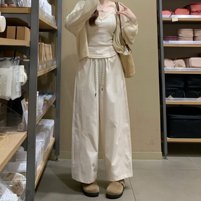 Elastic Waist Drawstring Casual Pants for Women, Spring and Summer 2026 New Style, Sporty Loose Fit, Slimming Wide-Leg Cropped Straight Pants Elastic Waist Drawstring Casual Pants for Women, Spring and Summer 2026 New Style, Sporty Loose Fit, Slimming Wide-Leg Cropped Straight Pants