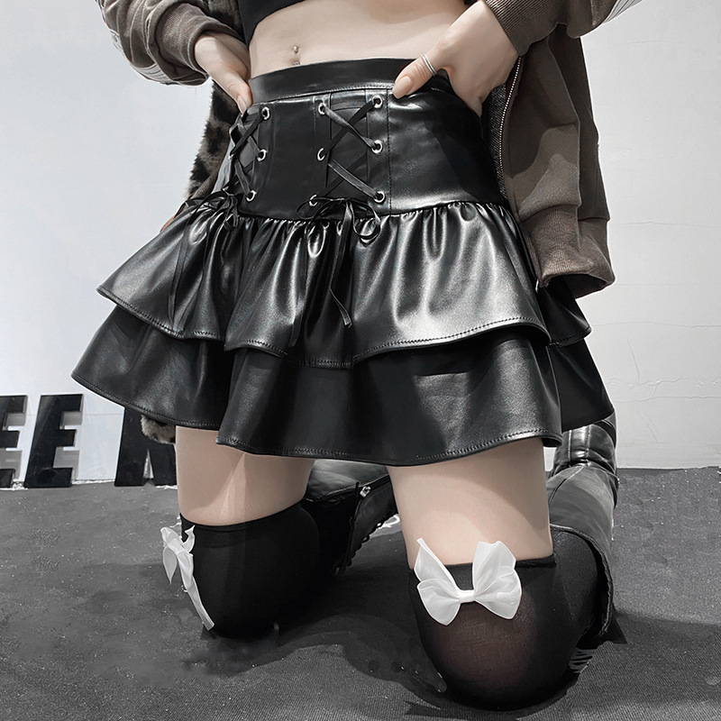 Black leather layer ruffles mini skirts for women girls Gothic punk rock pole dance leather short skirt double stitching  lolita style PU zipper pleated skirt  for girls