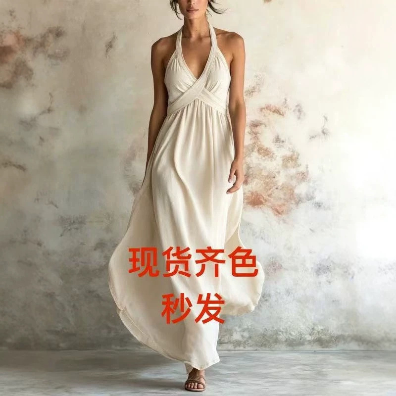 European and American light luxury 2026 satin deep V cross-wrap slimming long dress for banquets and work, versatile long dress European and American light luxury 2026 satin deep V cross-wrap slimming long dress for banquets and work, versatile long dress
