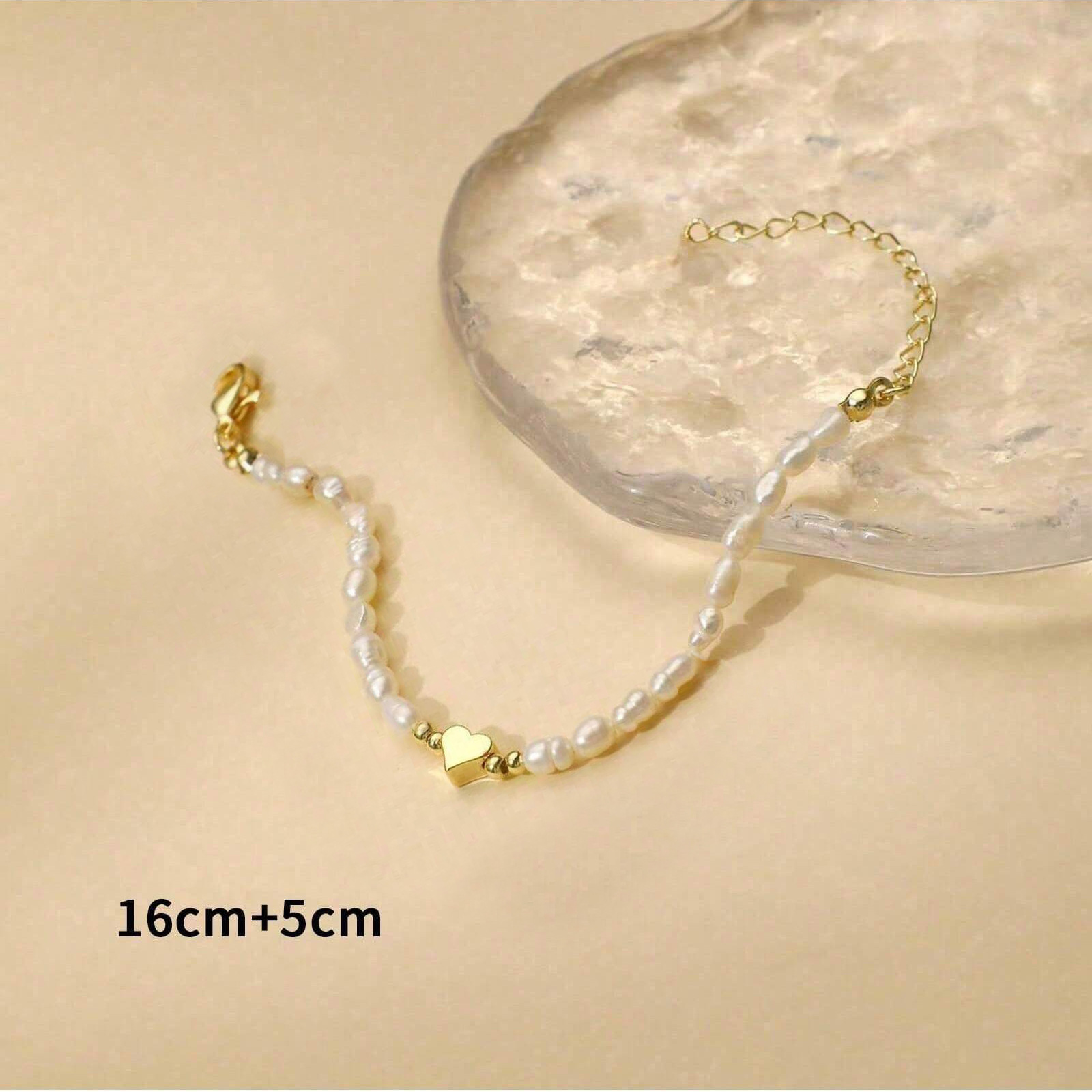 Pulseira de pérolas banhada a ouro 14k com pingente de coração_voghion.com