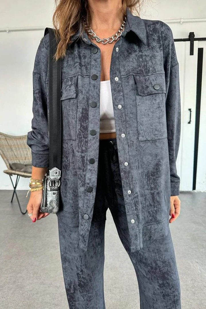 Casual Tie Dye Collared Pocket Shirt Drawstring Wide Leg Pants Set