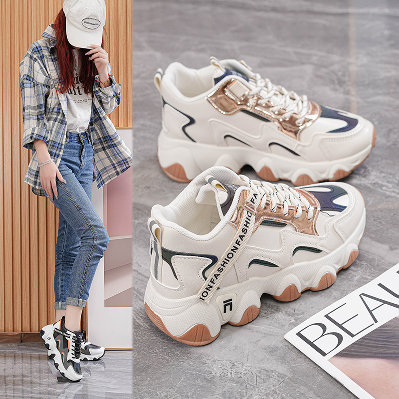 Women's dad shoes 2026 spring and autumn new popular breathable versatile casual shoes thick-soled white trendy sneakers 7006
