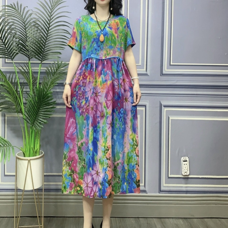 2025妈妈装夏季新款洋气时尚显瘦碎花大码休闲遮肚宽松连衣裙