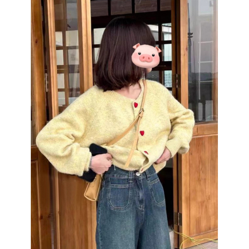 韩系温柔毛茸茸毛衣外套女秋冬宽松软糯爱心扣针织开衫插肩袖上衣|undefined