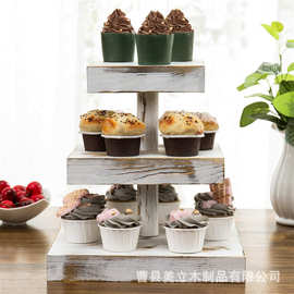 乡村风格木质三层蛋糕架餐厅甜品展示台家用化妆品香水收纳架