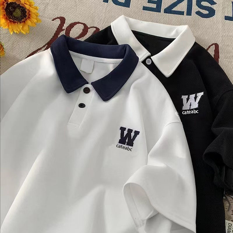 Men's short-sleeved polo shirt, summer loose fit, embroidered, heavyweight trendy brand youth t-shirt, college style, color blocking short-sleeved T-shirt.